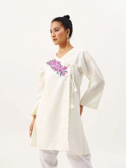 Kashmir Box - Women V-Neck Floral Embroidered Thread Work Cotton Angrakha Kurti