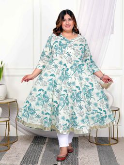 Miravan - Womens Plus Size Green Cotton Gota Patti And Lace Border Birds Printed Anarkali Kurta