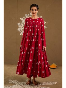 Pink Cactii - Kumkum Red Mul Cotton Tiered Anarkali Kurta with Pant (Set of 2)