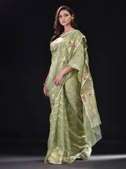 Beatitude - Green Cotton Silk Woven Jacquard Jamdani Saree with Unstitched Blouse
