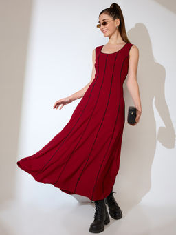 Globus - Women Maroon Scoop Neck Stripes Design Flared Hem A-Line Maxi Dress
