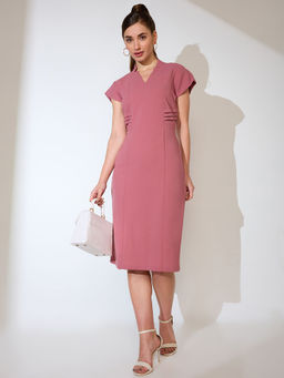 Globus - Women Pink V-Neck Cap Sleeves Sheath Midi Workwear Dress