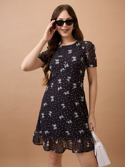 Globus - Women Black Polka Dots Round Neck Puff Sleeves Fit & Flare Mini Dress