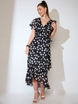 Globus - Women Black Polka Dot Print Flared Sleeves Hem A-Line Midi Dress with Belt (Set of 2)