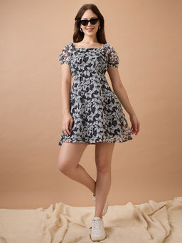 Globus - Women Black Floral Printed Square Neck Puff Sleeves Fit & Flare Dress