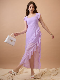 Globus - Women Lavender Square Neck Cap Sleeves Asymmetric Ruffle Hem Maxi A-Line Dress