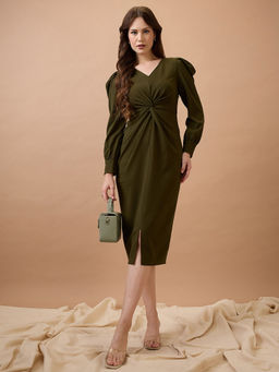 Globus - Women Olive V-Neck Cuffed Sleeves Twisted Detail Midi Bodycon Party Dress