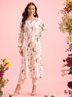 ADA - Women Floral Lucknowi Chikankari Peach Chanderi Kurta