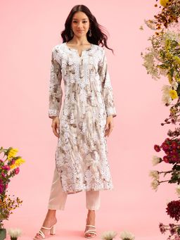 ADA - Women Floral Lucknowi Chikankari Grey Chanderi Kurta