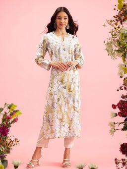 ADA - Women Floral Lucknowi Chikankari Green Chanderi Kurta