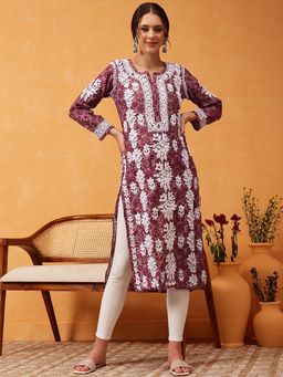 ADA - Women Embroidered Lucknowi Chikankari Wine Chanderi Kurta