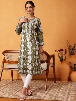 ADA - Women Embroidered Lucknowi Chikankari Green Chanderi Kurta