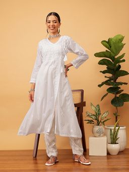 ADA - Women Embroidered Lucknowi Chikankari White Dobby Angrakha Kurta