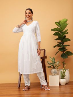 ADA - Women Embroidered Lucknowi Chikankari White Cotton Anarkali Kurta