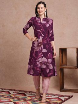 FASHOR - Women Floral Printed Purple A-Line Kurta
