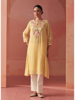 Lakshita - Women Yellow Flared Georgette Three Fourth Sleeves Kurta