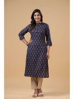 SAVI - Navy Blue Cotton Floral Printed Mandarin Collar Kurta