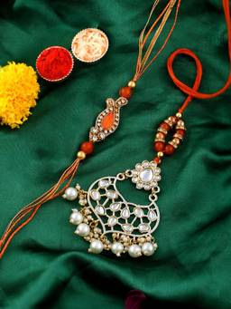 Shoshaa - Orange Kundan Bhaiya Bhabhi Rakhi & Lumba Maangtikka with Roli Chawal