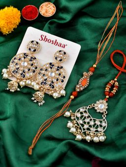 Shoshaa - Bhaiya Bhabhi Rakhi & Lumba Maangtikka with Earrings Gift Set with Roli Chawal