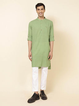 Fabindia - FabBasics Green Cotton Dobby Slim Fit Long Kurta