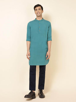 Fabindia - Teal Cotton Blend Slim Fit Kurta
