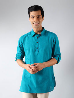 Fabindia - Teal Cotton Printed Slim Fit Kurta