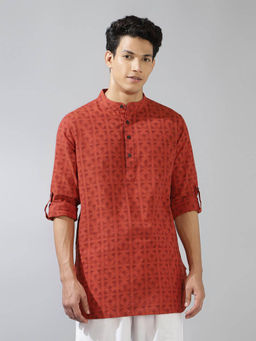 Fabindia - Rust Cotton Printed Slim Fit Kurta