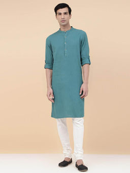 Fabindia - FabBasics Teal Cotton Dobby Slim Fit Long Kurta