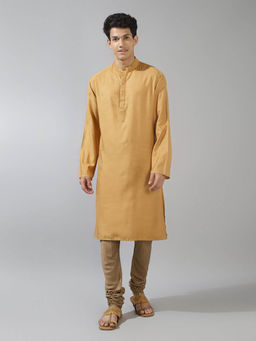Fabindia - Yellow Viscose Silk Woven Kurta