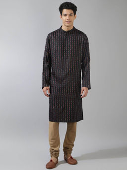 Fabindia - Black Viscose Silk Printed Slim Fit Kurta