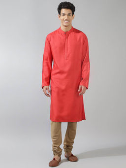 Fabindia - Red Viscose Silk Woven Slim Fit Kurta