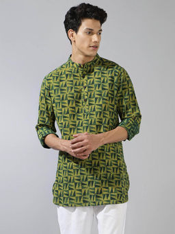 Fabindia - Green Cotton Printed Slim Fit Kurta
