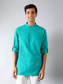 Fabindia - Teal Cotton Printed Slim Fit Kurta