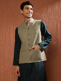 Fabindia - Green Wool Woven Nehru Jacket