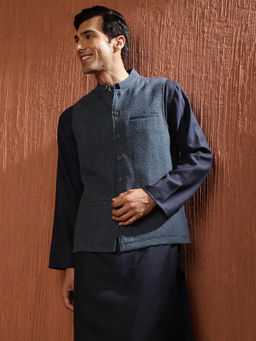 Fabindia - Blue Wool Woven Nehru Jacket