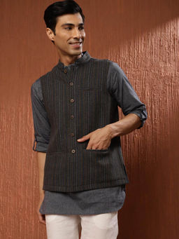Fabindia - Blue Wool Woven Nehru Jacket