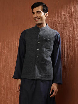 Fabindia - Blue Wool Woven Nehru Jacket
