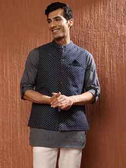 Fabindia - Navy Blue Cotton Dobby Jacket