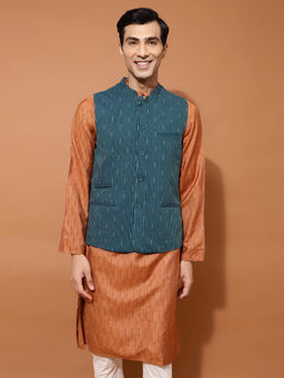 Fabindia - FabBasics Blue Cotton Woven Nehru Jacket