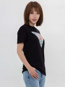 Guess - Womens Black Cotton Regular Fit Crew Neck Short Sleeve T-Shirt