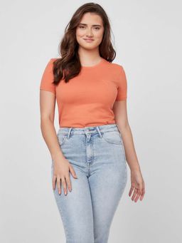 Guess - Women Solid Round Neck Short Sleeves T-Shirt Orange
