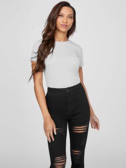 Guess - Women Solid Round Neck Short Sleeves T-Shirt Grey