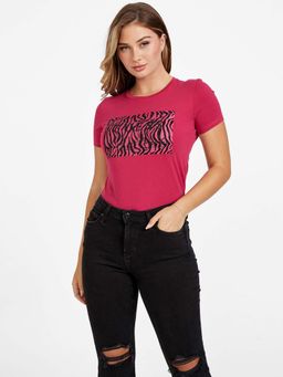 Guess - Women Embellished Round Neck Short Sleeves T-Shirt Magenta