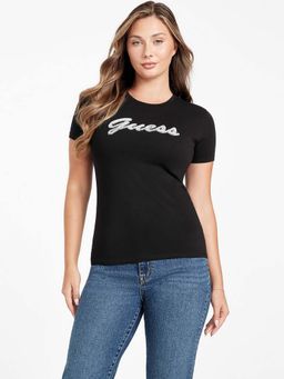 Guess - Women Embellished Round Neck Short Sleeves T-Shirt Black