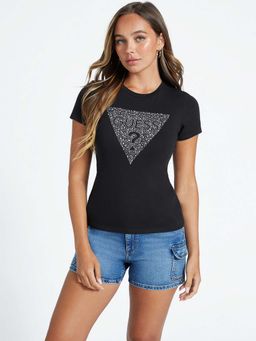 Guess - Women Embellished Round Neck Short Sleeves T-Shirt Black