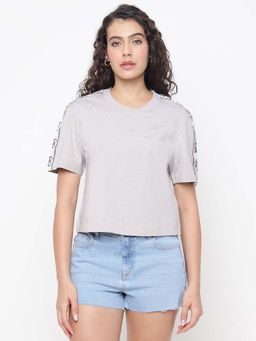 Guess - Britney Mid Organic Stream Unique Taupe Side Tape Round Neck Regular Fit Crop T-Shirt