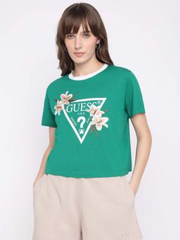 Guess - Womens Green Embroidered Crew Neck Short Sleeves T-Shirt