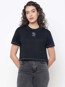 Guess - Elea Flamed Jet Black Solid Round Neck Boxy Fit T-Shirt