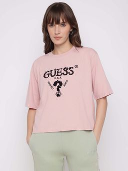 Guess - Womens Pink Embellished Crew Neck Short Sleeves T-Shirt