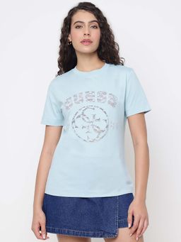Guess - Regine Mid Organic Stream Seafoam Mist Logo Round Neck Regular Fit T-Shirt